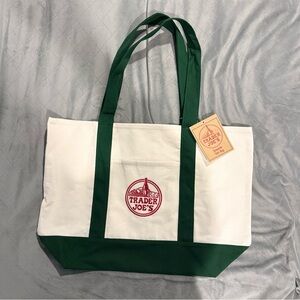 Trader Joe's Green and White Canvas Tote Bag NWT